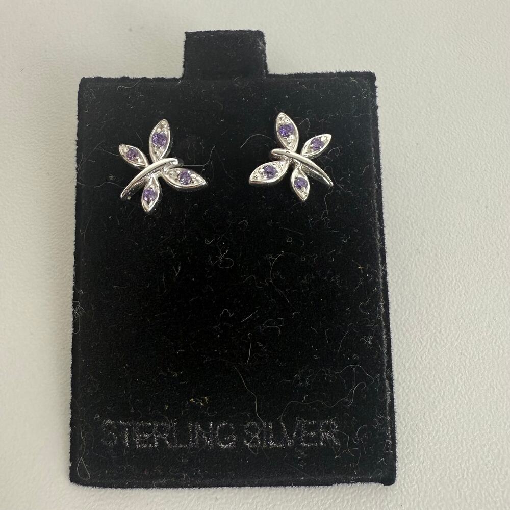 NWT Sterling Silver Dragonfly Dainty Y2K 90s Purple/Clear Stone Stud Earrings
